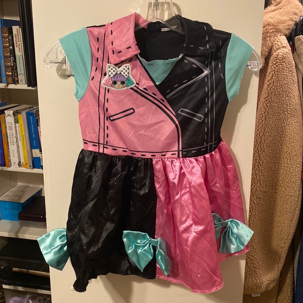 Baby toddler pink and black glitter Halloween costume with doll face